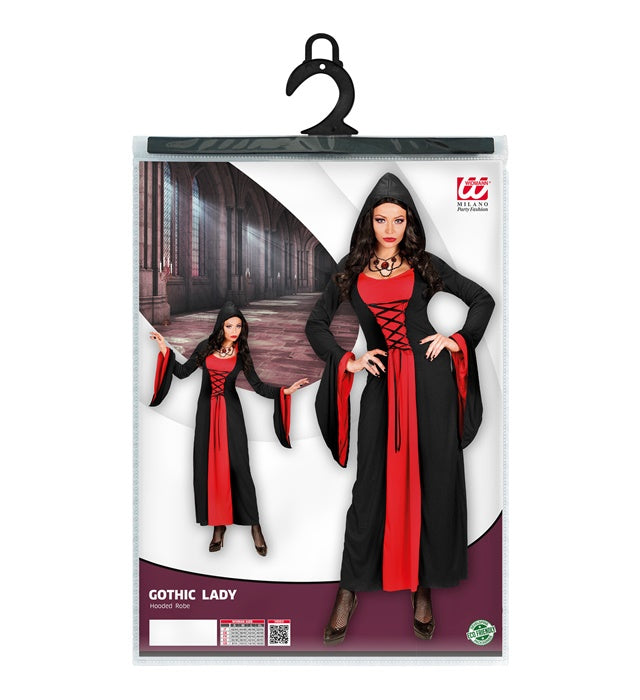 Schwarzes Gothic Lady Kleid mit Kapuze für Fasnacht und Mottopartys