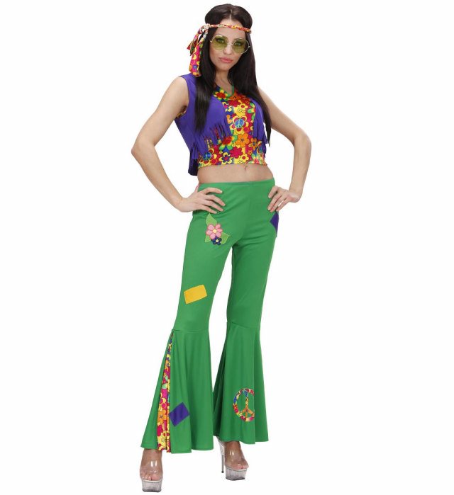 Woodstock Hippie Girl Kostüm-Set mit Top, Weste, Hose und Stirnband in bunten Farben