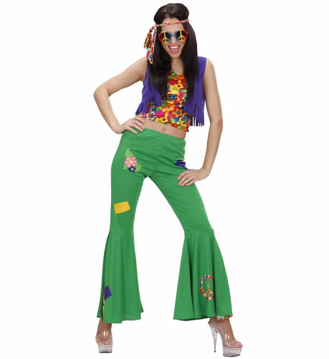 Woodstock Hippie Girl Kostüm-Set mit Top, Weste, Hose und Stirnband in bunten Farben