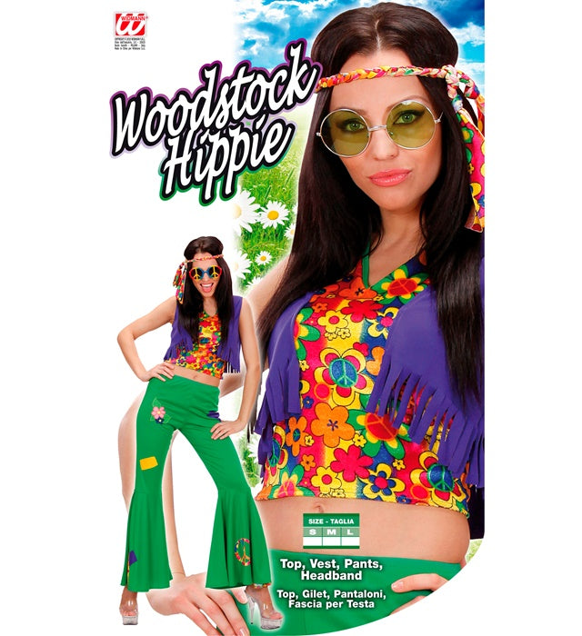 Woodstock Hippie Girl Kostüm-Set mit Top, Weste, Hose und Stirnband in bunten Farben