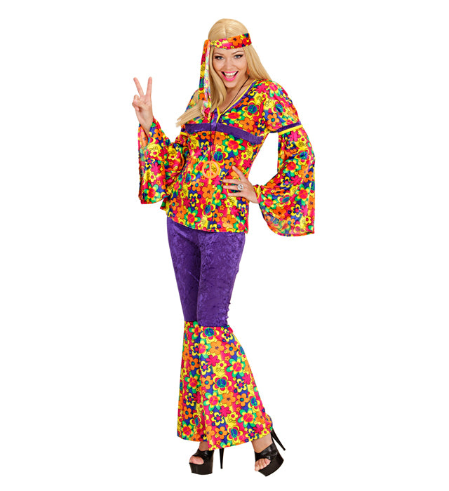 Hippie Girl Kostüm aus Samt mit Oberteil, Hose und Stirnband in Retro-Stil