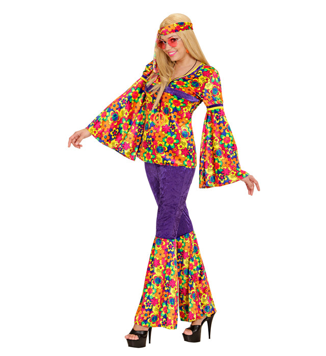 Hippie Girl Kostüm aus Samt mit Oberteil, Hose und Stirnband in Retro-Stil