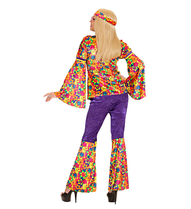 Hippie Girl Kostüm aus Samt mit Oberteil, Hose und Stirnband in Retro-Stil