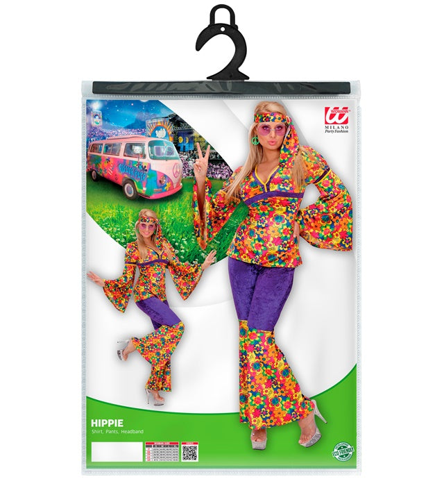 Hippie Girl Kostüm aus Samt mit Oberteil, Hose und Stirnband in Retro-Stil