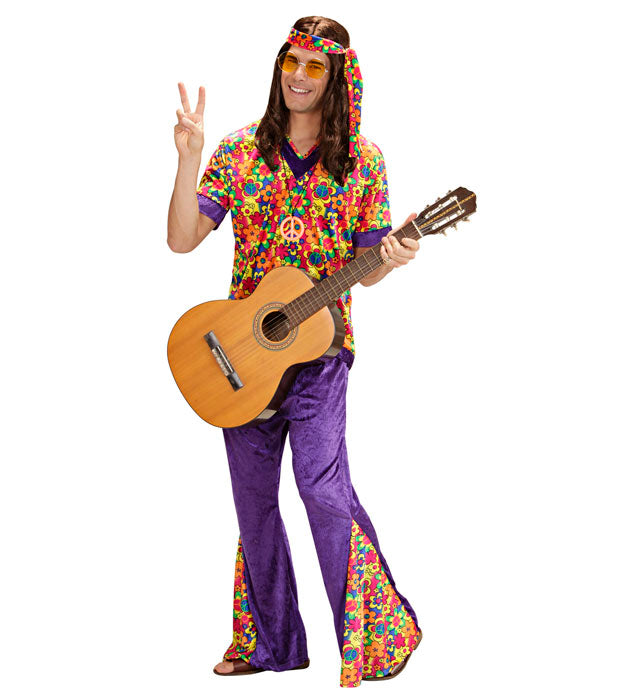 Hippie Dude Kostüm aus Samt mit Hemd, Hose und Stirnband für Fasnacht