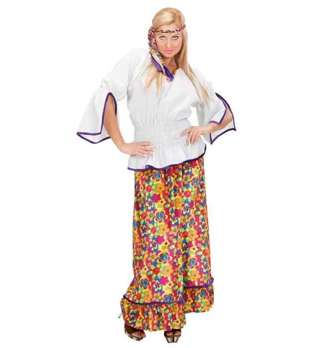 Hippie Woman Kostüm aus Samt mit Bluse, Rock und Stirnband in Retro-Style