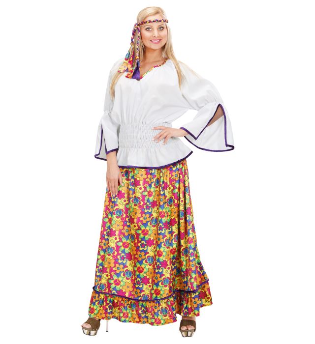 Hippie Woman Kostüm aus Samt mit Bluse, Rock und Stirnband in Retro-Style