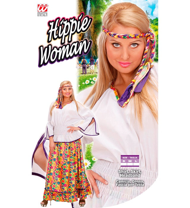 Hippie Woman Kostüm aus Samt mit Bluse, Rock und Stirnband in Retro-Style