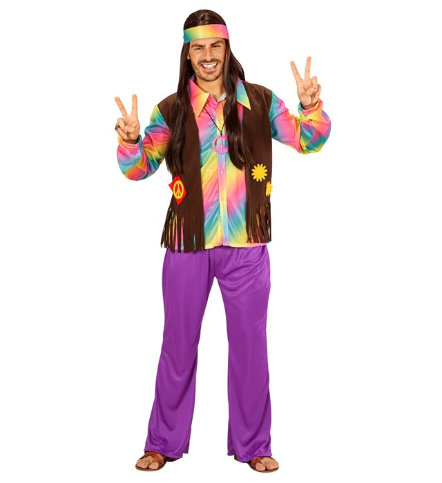 Hippie Kostüm Set mit buntem Shirt, Weste, weiter Hose und Stirnband