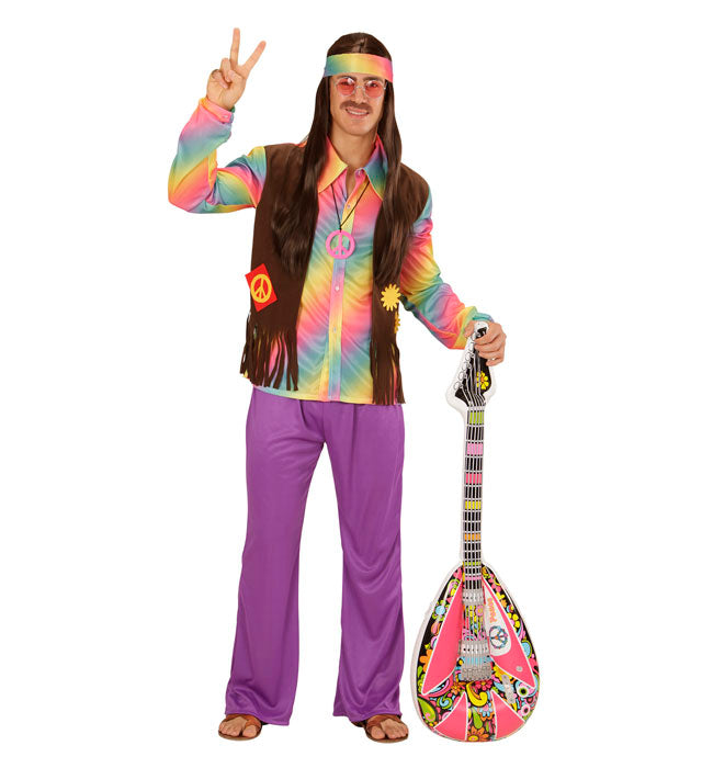 Hippie Kostüm Set mit buntem Shirt, Weste, weiter Hose und Stirnband
