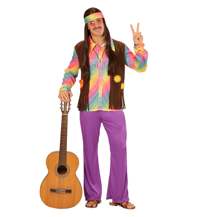 Hippie Kostüm Set mit buntem Shirt, Weste, weiter Hose und Stirnband