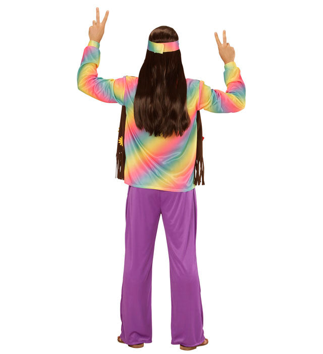 Hippie Kostüm Set mit buntem Shirt, Weste, weiter Hose und Stirnband
