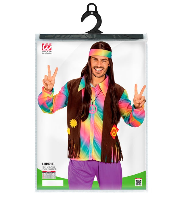 Hippie Kostüm Set mit buntem Shirt, Weste, weiter Hose und Stirnband