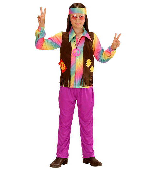 Hippie-Kostüm bestehend aus Shirt, Weste, Hose und Stirnband im 60er Jahre Stil