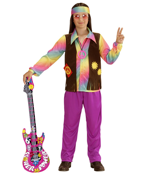 Hippie-Kostüm bestehend aus Shirt, Weste, Hose und Stirnband im 60er Jahre Stil