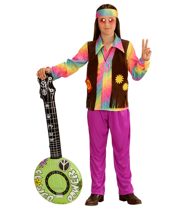 Hippie-Kostüm bestehend aus Shirt, Weste, Hose und Stirnband im 60er Jahre Stil
