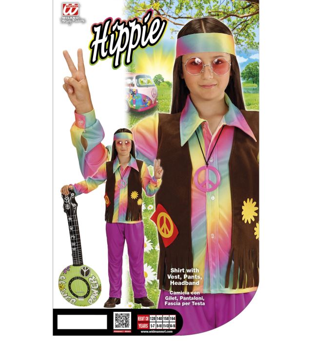 Hippie-Kostüm bestehend aus Shirt, Weste, Hose und Stirnband im 60er Jahre Stil