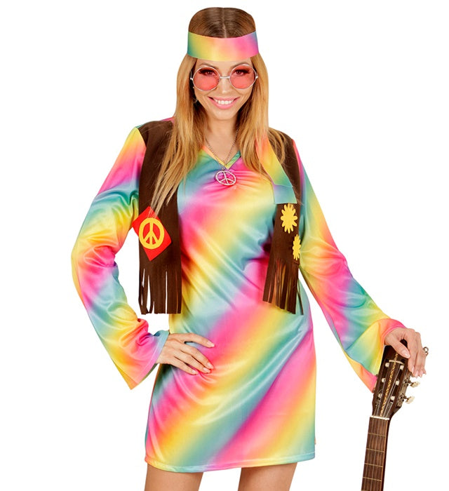 Hippie Girl Kostüm mit buntem Kleid, Weste und Stirnband für Fasnacht