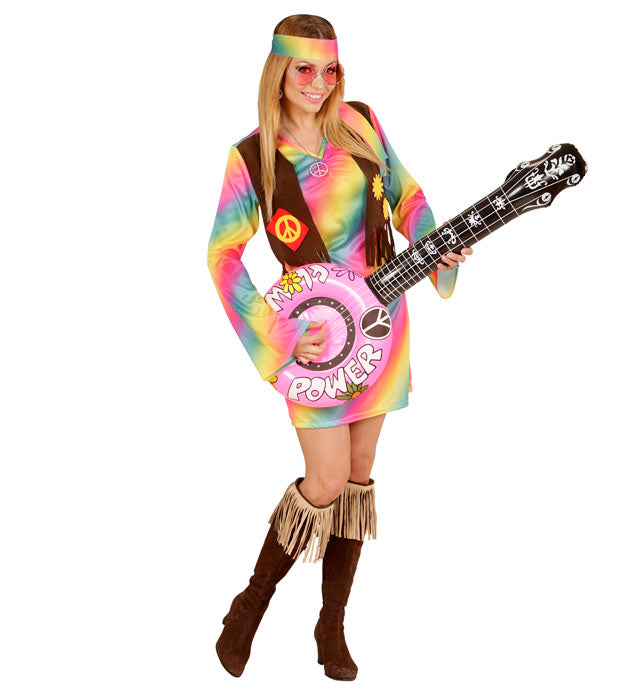 Hippie Girl Kostüm mit buntem Kleid, Weste und Stirnband für Fasnacht