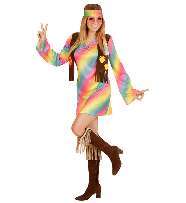 Hippie Girl Kostüm mit buntem Kleid, Weste und Stirnband für Fasnacht