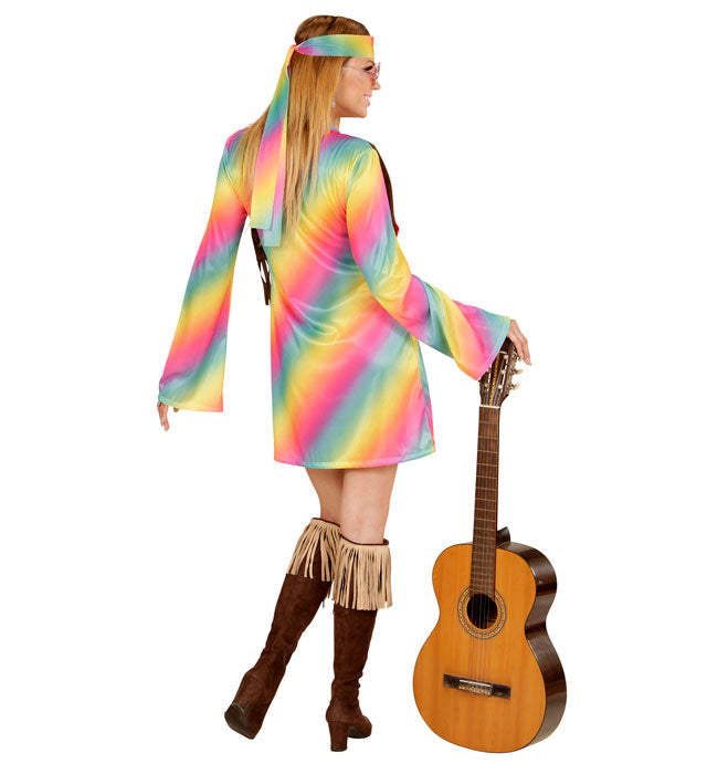 Hippie Girl Kostüm mit buntem Kleid, Weste und Stirnband für Fasnacht