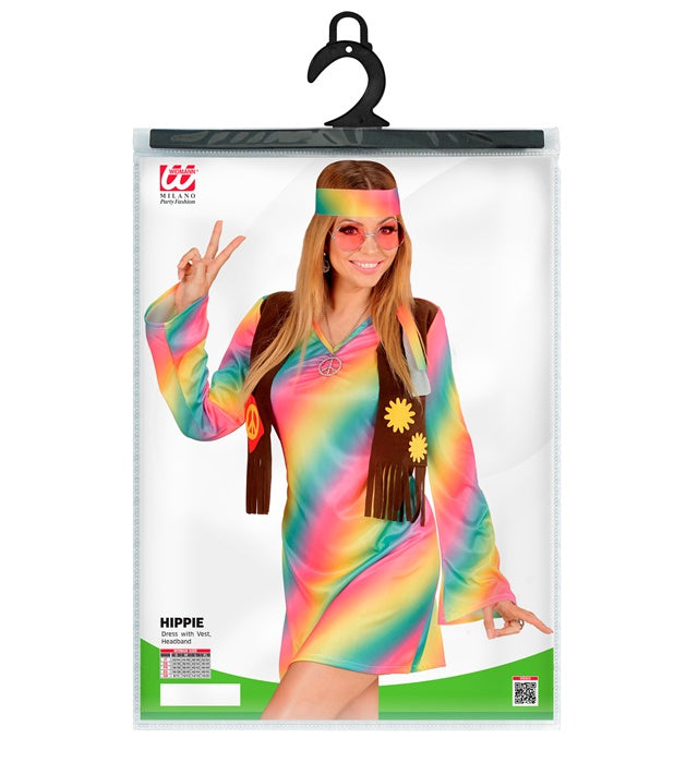Hippie Girl Kostüm mit buntem Kleid, Weste und Stirnband für Fasnacht