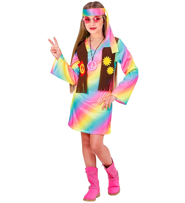 Hippie Girl Kostüm mit bunt gemustertem Kleid, Weste und Stirnband für Fasnacht