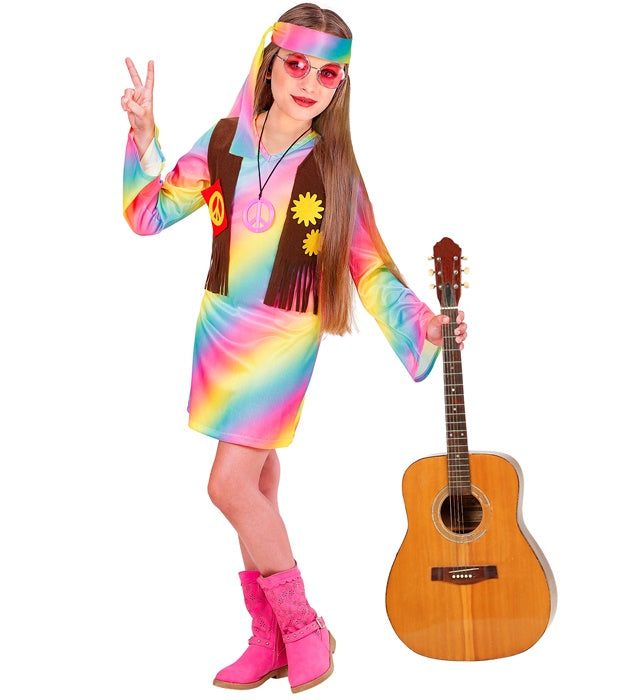 Hippie Girl Kostüm mit bunt gemustertem Kleid, Weste und Stirnband für Fasnacht
