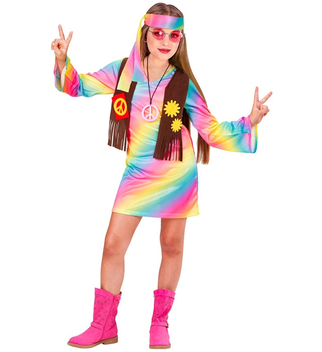 Hippie Girl Kostüm mit bunt gemustertem Kleid, Weste und Stirnband für Fasnacht