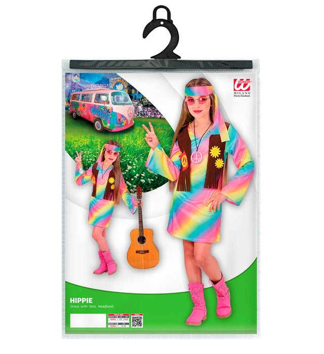 Hippie Girl Kostüm mit bunt gemustertem Kleid, Weste und Stirnband für Fasnacht