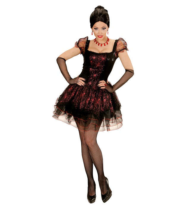 Vampiressa Kostüm schwarzes Kleid mit roten Akzenten und fingerlosen Handschuhen