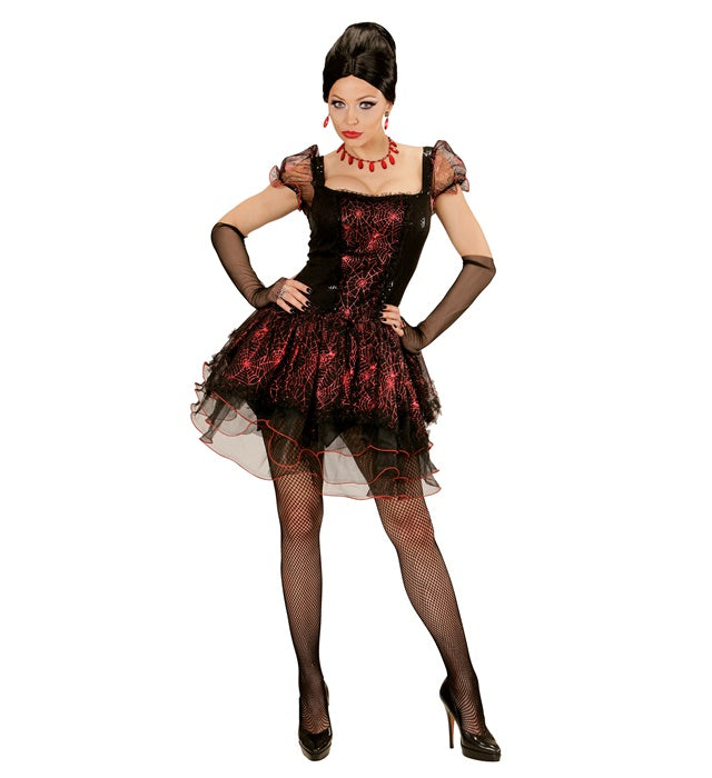 Vampiressa Kostüm schwarzes Kleid mit roten Akzenten und fingerlosen Handschuhen