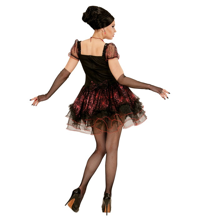 Vampiressa Kostüm schwarzes Kleid mit roten Akzenten und fingerlosen Handschuhen