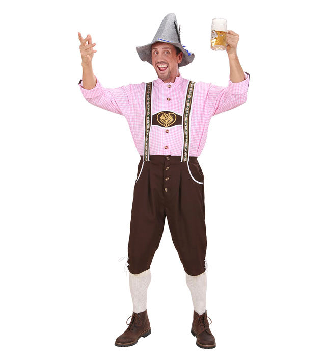 Bayerisches Kostüm mit weißem Hemd und brauner Lederhose für Fasnacht
