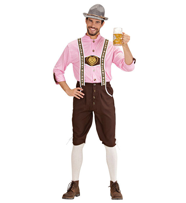 Bayerisches Kostüm mit weißem Hemd und brauner Lederhose für Fasnacht