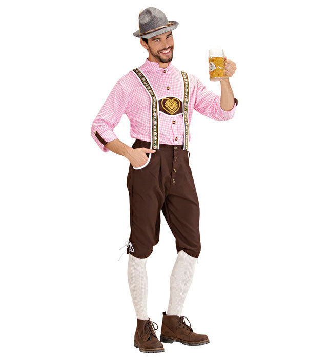 Bayerisches Kostüm mit weißem Hemd und brauner Lederhose für Fasnacht