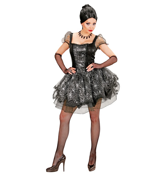 Spider Lady Kostüm mit schwarzem Kleid und fingerlosen Handschuhen