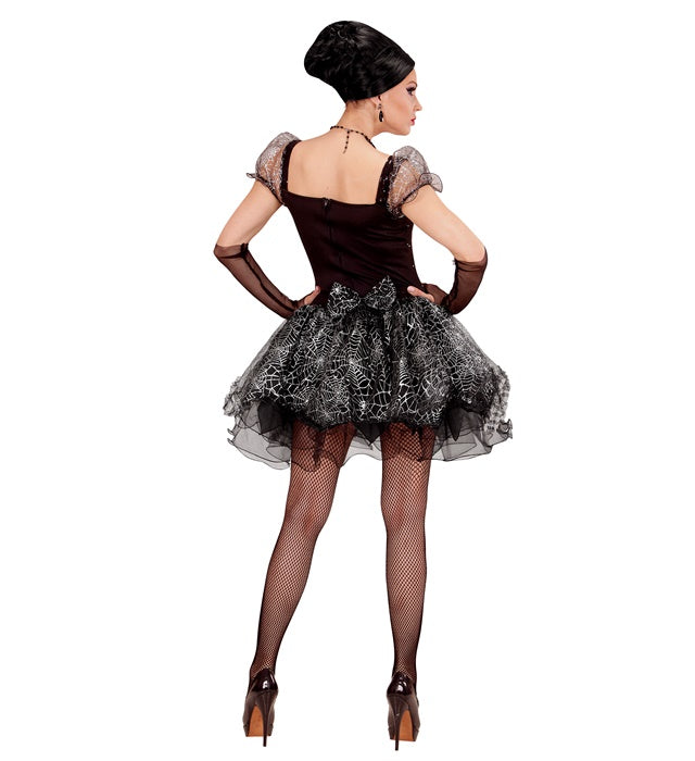Spider Lady Kostüm mit schwarzem Kleid und fingerlosen Handschuhen
