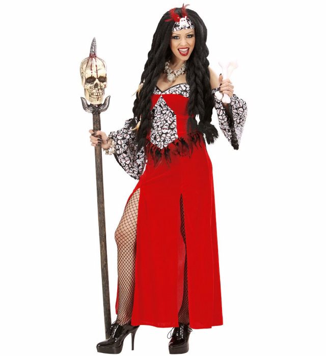 Voodoo Priesterin Kostüm mit Kleid, Ärmeln und Kopfbedeckung auf hellem Hintergrund