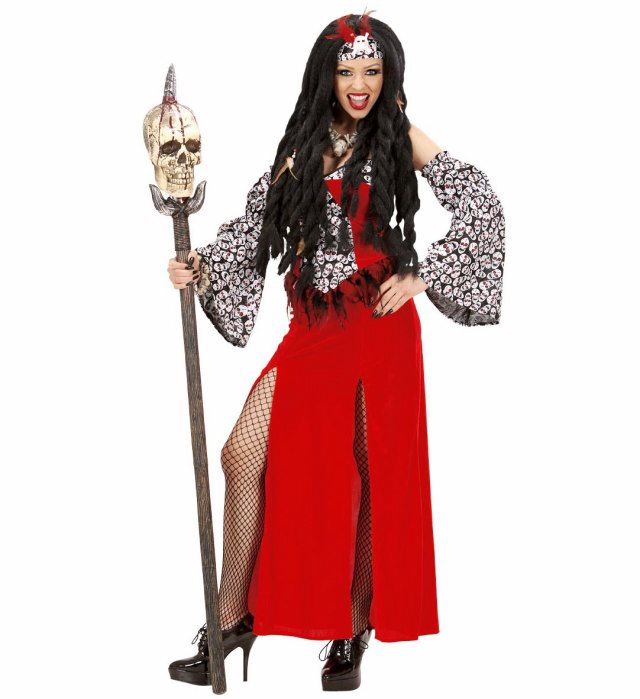 Voodoo Priesterin Kostüm mit Kleid, Ärmeln und Kopfbedeckung auf hellem Hintergrund