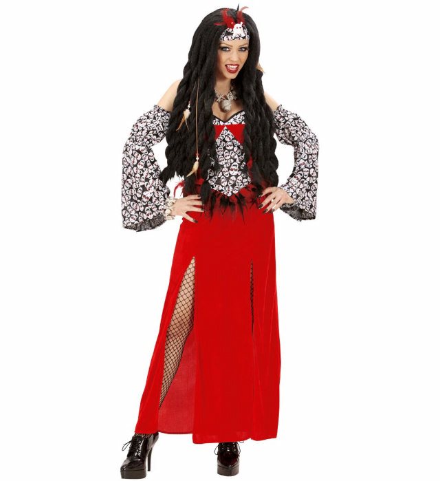 Voodoo Priesterin Kostüm mit Kleid, Ärmeln und Kopfbedeckung auf hellem Hintergrund