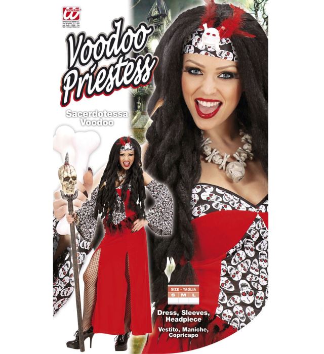 Voodoo Priesterin Kostüm mit Kleid, Ärmeln und Kopfbedeckung auf hellem Hintergrund