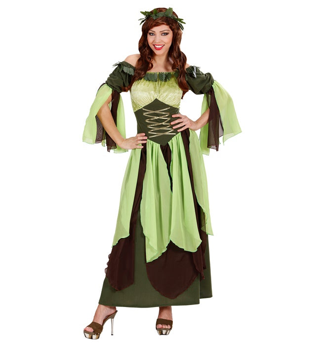 Mutter Natur Kostüm mit grünem Kleid und floraler Kopfbedeckung