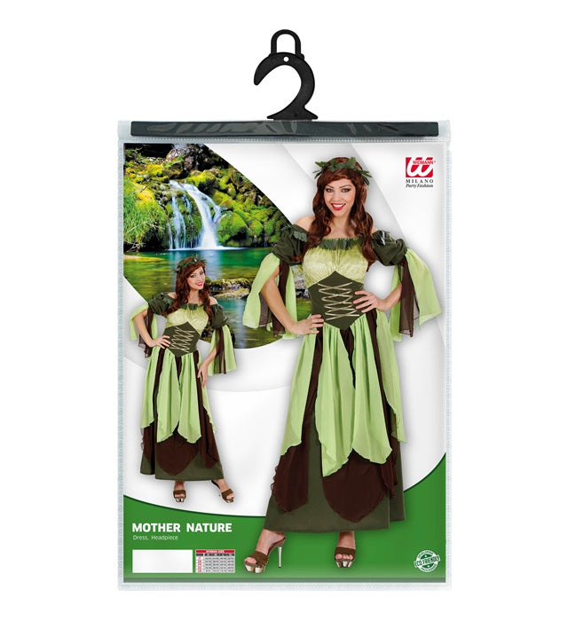 Mutter Natur Kostüm mit grünem Kleid und floraler Kopfbedeckung