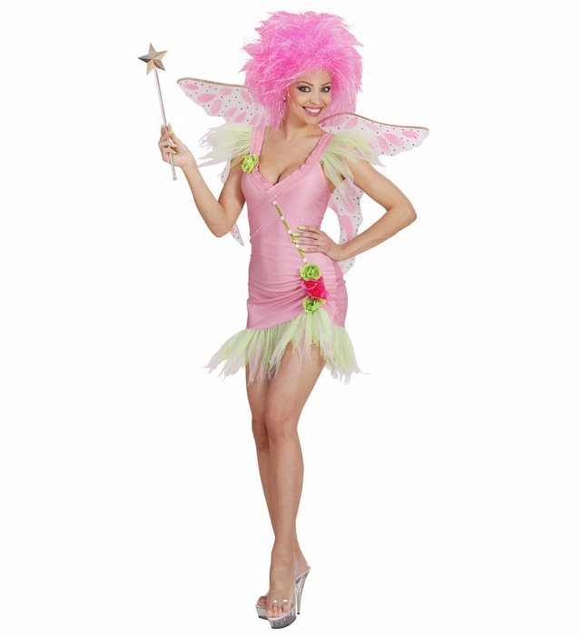 Rosa Fee Kostüm mit Kleid und Flügeln für Fasnacht