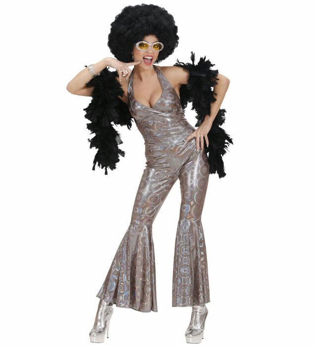 Holographischer 70er Jahre Disco Overall mit funkelndem Glanzeffekt
