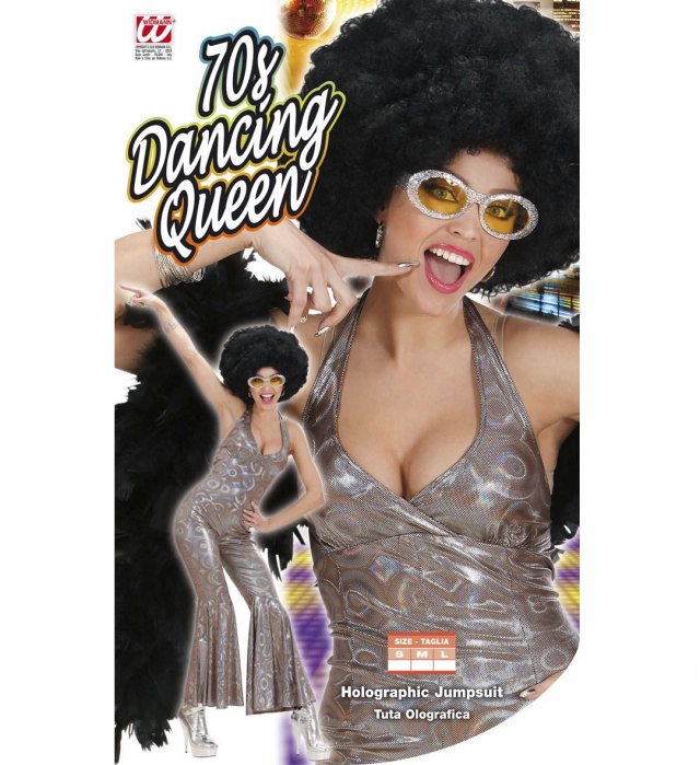 Holographischer 70er Jahre Disco Overall mit funkelndem Glanzeffekt