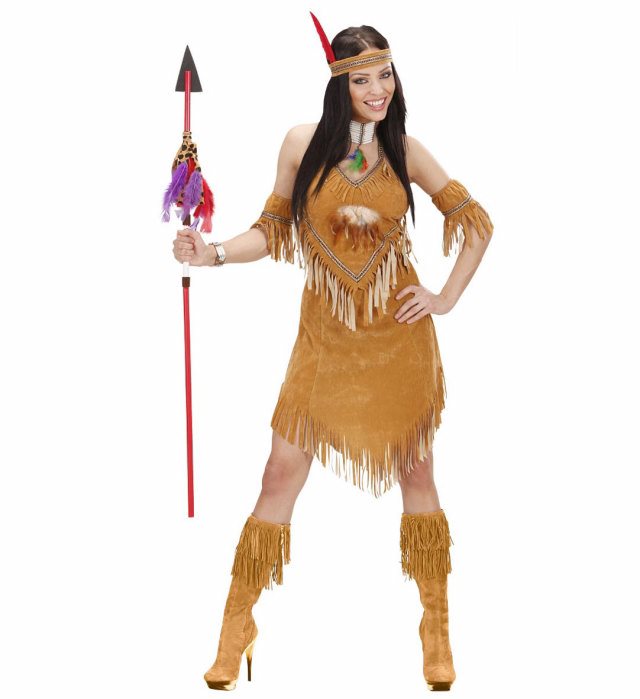 Indianerinnen-Kleid mit Wildleder-Optik, Armbändern und Stirnband mit Federn