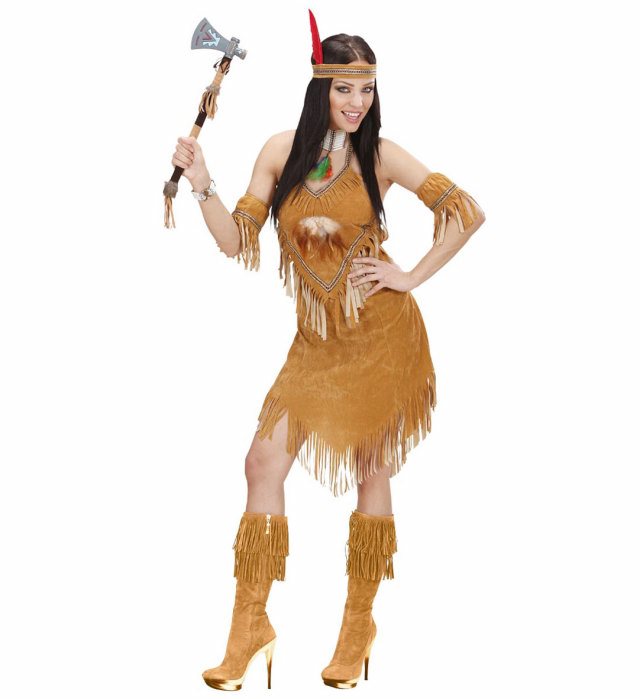 Indianerinnen-Kleid mit Wildleder-Optik, Armbändern und Stirnband mit Federn
