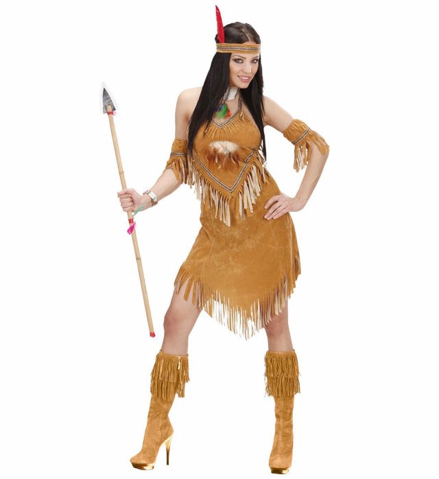 Indianerinnen-Kleid mit Wildleder-Optik, Armbändern und Stirnband mit Federn